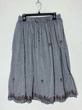 Young Threads Grey Embroidered Cotton Midi Skirt L Boho Festival Whimsical